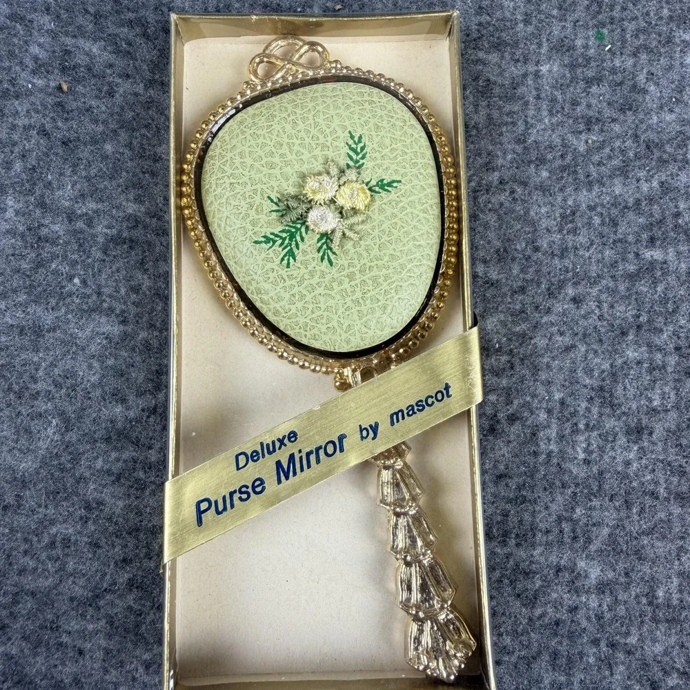 Vintage‎ Mascot Deluxe Purse Mirror Gold Floral Hand Held Oval Vanity Box USA